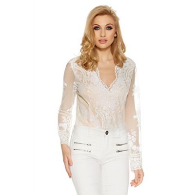 White and nude mesh sequin bodysuit